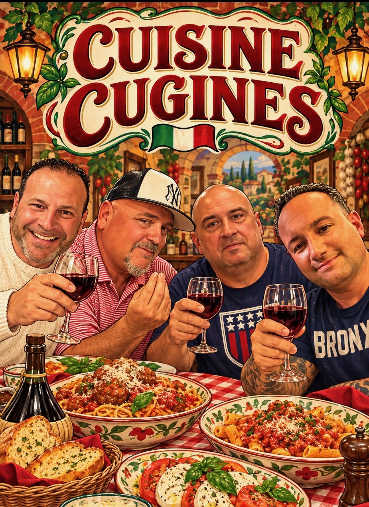 The four Cugines sharing red wine and traditional Italian dishes around a family table beneath the Cucine Cugines sign